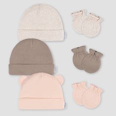 Keep your baby boy cozy and comfy with our pack of 3 baby hats and 3 pairs of mittens. Made from 100% cotton, our hats and mittens are super soft and gentle on sensitive skin. The mittens feature cinched wrists for a secure, comfy fit, while the baby hats help regulate your little one's temperature to keep your baby cozy on cooler days. This set is of everyday essentials for your baby’s wardrobe ensures they feel snug and look adorable. Our essentials have been independently certified with STAND Pink Newborn, Baby Mittens, Gerber Baby, Third Baby, Hudson Baby, 3rd Baby, Soft And Gentle, Comfy Fits