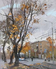 an oil painting of people walking down the street in autumn time with leaves on the ground