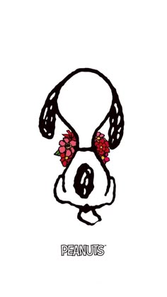 a drawing of a dog with flowers in its ears and the words peanuts on it