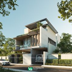 an artist's rendering of a modern house in the middle of a tree - lined street