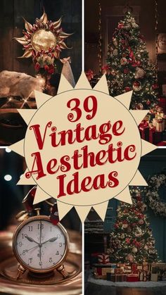 vintage aesthetic christmas trees with presents around them and the words, 30 vintage aesthetic ideas