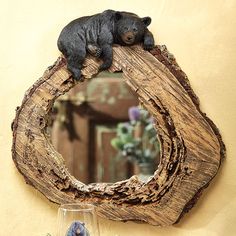 Bear on Tree Trunk Mirror Black Bear Decor, Lazy Bear, Black Forest Decor, Bear Statue, Log Home Decorating, Rustic Mirrors, Bear Decor, Wood Logs, Lodge Decor