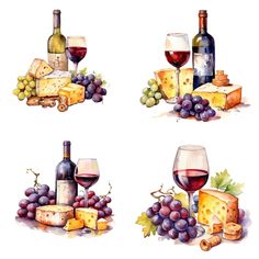 four different types of wine and cheese on a white background with watercolor paint effect