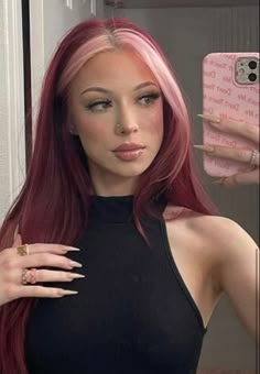 Hair Color Ideas 2023 Trends Long Hair, Fun But Subtle Hair Color, Dark Colorful Hair Ideas, Red Hair With Light Red Front Pieces, Strawberry Blonde Black Hair, Cute Hair Colors 2023, Lavender Hair Dye Underneath, Maroon Hair Pink Money Piece, 2023 Wavy Hair Trends For Women