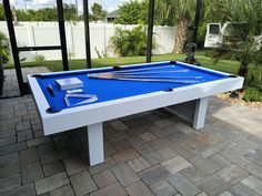 a pool table with blue cloth on it and two cues in the middle, next to some palm trees