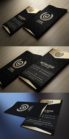 the business card is designed to look like it has gold trimmings and black paper