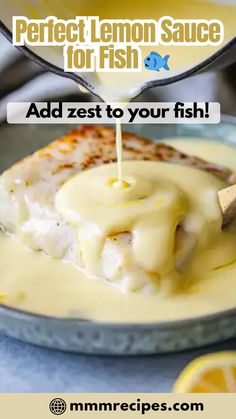 a piece of fish is being drizzled with lemon sauce