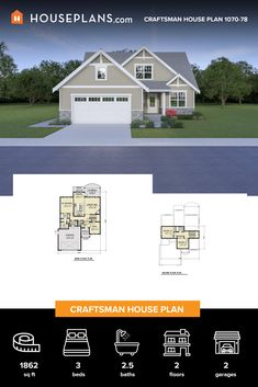 the craftsman house plan is shown with two car garages and three bedroom, one bathroom