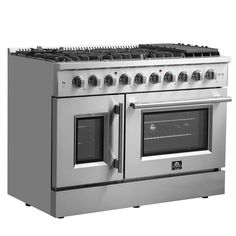 a stainless steel oven with four burners on the front and two doors open to allow more cooking space