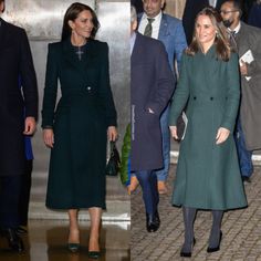 two pictures of the same woman in different outfits, one is wearing a green coat