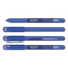 three blue pens sitting next to each other