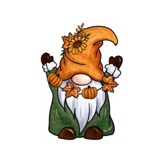 an orange and white gnome with sunflowers on his head, sitting in the grass