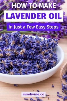 lavender oil in a white bowl next to purple flowers on a wooden table with text overlay how to make lavender oil in just a few easy steps