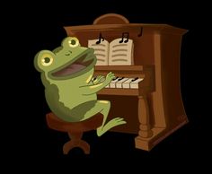 a frog sitting on a stool playing the piano with his mouth open and eyes wide open