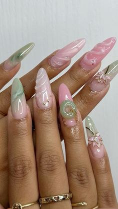 lotus jade pink green flower nails Nail Boutique Ideas, Nails Dainty, Green Flower Nails, Cool Girl Nails, Jeweled Nails, Finger Bones, Heavenly Nails, Nessa Nails, Jade Nails