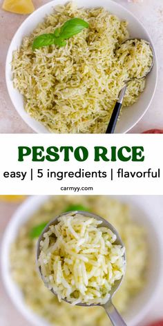 the ingredients for pesto rice are shown in two separate bowls with spoons on top