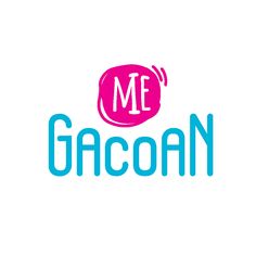 the logo for me gacoan is shown in pink and blue letters on a white background