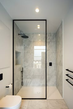 a bathroom with a walk in shower next to a toilet