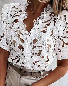 Size: S,M,L,XL;Style:ChicType:BlousesMaterial:LaceNeckline:V-NeckSleeve Style:Puff SleeveLength:RegularPattern Type:PlainFit Type:RegularOccasion:DailyPackage Include:1* Blouse White V-neck Top For Brunch, White V-neck Top For Party, Feminine White V-neck Blouse, Chic White V-neck Blouse, Lace Cutout, Chic Type, Mesh Bodysuit, Lace Neckline, Guipure Lace