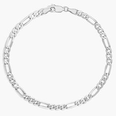 Go for the gold with this 14k white gold bracelet designed with square trios of links connected by longer rectangular links that alternate to create a balanced look made for everyday wear. Modern Bracelets With Rectangular Figaro Chain Links, Classic White Chain Bracelet With Solid Links, Modern Figaro Chain Bracelet, Modern Link Bracelets With Figaro Chain, Modern Figaro Chain Bracelet With Rectangular Links, Classic Bracelets With Rectangular Silver Chain Links, Classic White Link Bracelets, White Gold Sterling Silver Figaro Chain Bracelets, White Gold Bracelets With Solid Rectangular Links