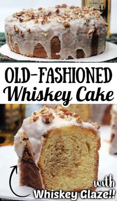 an old - fashioned whiskey cake with white frosting and pecans on the top