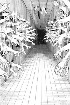 an illustration of many hands reaching for something in the middle of a long hallway with wood flooring