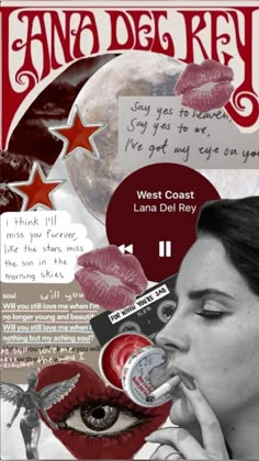 a collage of images with words and pictures on them, including an image of a woman's face