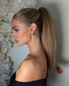 Slick Ponytail Wedding Hair, Ponytail Wedding Guest Hairstyles, Slick Ponytail Updo, Bridesmaid Hair Sleek Ponytail, Wedding Guest Hair High Ponytail, Event Ponytail Hairstyles, Blowout Hair Ponytail, Slick Bridesmaid Hair, Sleek Pony Bridesmaids