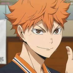 an anime character with orange hair giving the thumbs up sign and pointing to his right