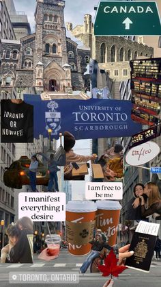 the collage shows many different things that are in front of buildings and street signs