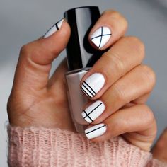 Geometric Line Mani Art. Nail Art Diy Easy, Geometric Nail Art, Easy Nails, Geometric Nail, White Nail Art, Simple Nail Art Designs, White Nail Designs, Diy Nail Designs, Black Nail