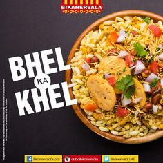 a bowl filled with rice and vegetables on top of a black table next to the words bhel ka khel