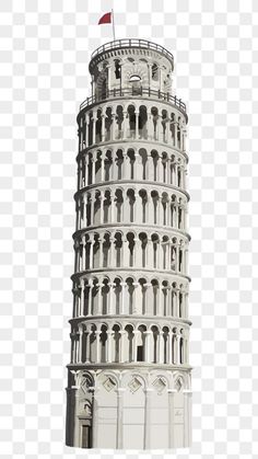 the leaning tower is white and has a red flag in it's top corner