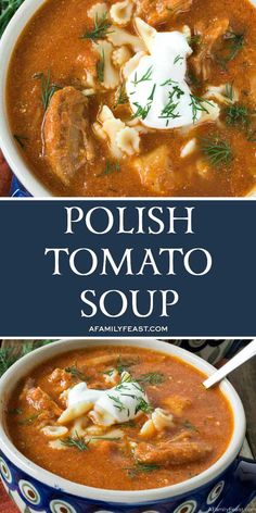 polish tomato soup with dumplings and sour cream in a blue bowl on a wooden table