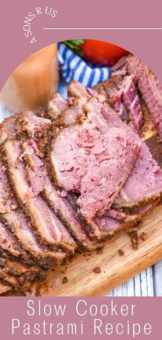 slow cooker pastrami recipe on a wooden cutting board with text overlay