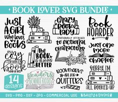 the book lover svg bundle includes 4 different font styles, including books and flowers