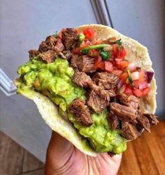 a hand holding a taco with meat, guacamole and tomatoes on it