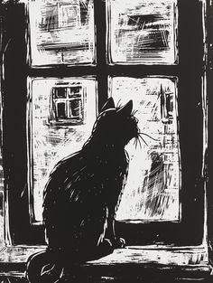 a black and white drawing of a cat sitting in front of a window