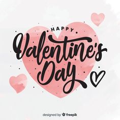 happy valentine's day lettering with hearts on white background and pink watercolor effect