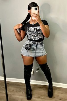 Black Women Going Out Outfits Night Club, Outfit Inspo Spring Black Woman, Atlanta Day Outfits, Plus Size Chrome Outfit, Going Out Outfits Black Women Baddie, Concert Outfit Black Women Shein, Skirt Shorts Outfit Classy, Concert Outfit Knee High Boots, Instagram Baddie Outfits Night Out