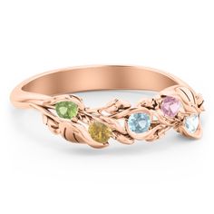 10K Rose Gold Organic Leaf Five Stone Family Ring | Jewlr Family Ring Designs, Mother Ring, Family Ring, Birthstone Rings, Family Rings, Mother Rings, Sparkling Rings, Ring Ideas, Pretty Rings