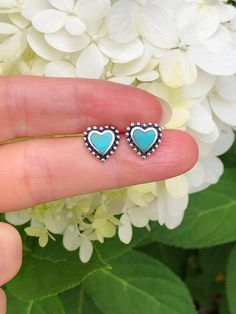 925 Sterling Silver Turquoise Heart Stud Earrings - Metal: 925 Sterling Silver - Stone: Lab-Created/Synthetic Turquoise - Shape: Heart - Dimension: 9.5mm(0.37 in) x 9.5mm(0.37 in) (Turquoise stone 6mm/0.24 in), Thickness 1.8mm - Closure: Post at Upper Top, Push Back - Color: Silver Turquoise Heart-shaped Sterling Silver Earrings, Blue Sterling Silver Nickel-free Heart Earrings, Blue Nickel-free Sterling Silver Heart Earrings, Hypoallergenic Heart-shaped Turquoise Jewelry, Hypoallergenic Turquoise Heart Jewelry, Blue Sterling Silver Heart Earrings For Valentine's Day, Turquoise Heart Earrings, Turquoise Heart, Heart Stud Earrings