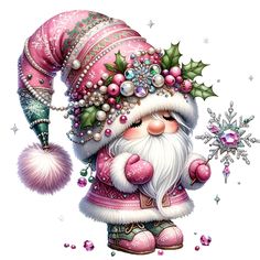 a christmas card with a santa clause holding a snowflake and wearing a pink hat