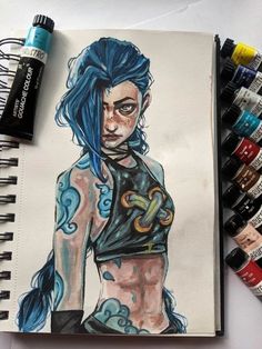 a drawing of a woman with blue hair and piercings on her stomach, next to some markers