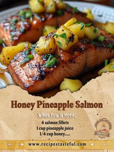 a flyer for a restaurant with grilled salmon and pineapple salsa on the side