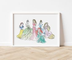 there are four princesses in this watercolor painting on the wall, and one is wearing a tiara