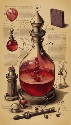 an illustration of a bottle with liquid in it and other items around it on top of a page