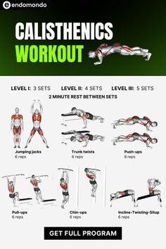 the calisthenics workout is shown with instructions for how to do it and how to