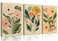 three canvases with flowers on them are shown in different colors and sizes, one is beige