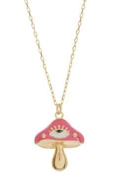 Enamel adds color to a retro mushroom inspired pendant that dangles from this unique gold-tone necklace. 14" chain length with 4" extension, 0.625" pendant length Metal/enamel Imported Gold Mushroom Pendant Necklace, Mushroom Outfit, Retro Mushroom, Mushroom Pendant, Magic Mushroom, Gold Tone Necklace, Chain Lengths, Chain Length, Pretty Things